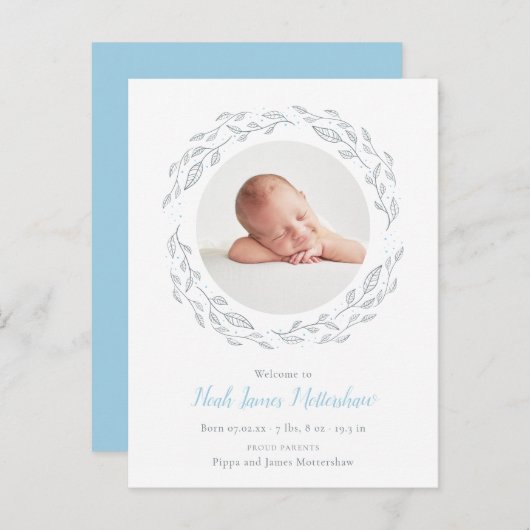 Einfache Foto Baby Boy Floral Geburtsankündigung Ankündigungspostkarte (Vorne/Hinten)