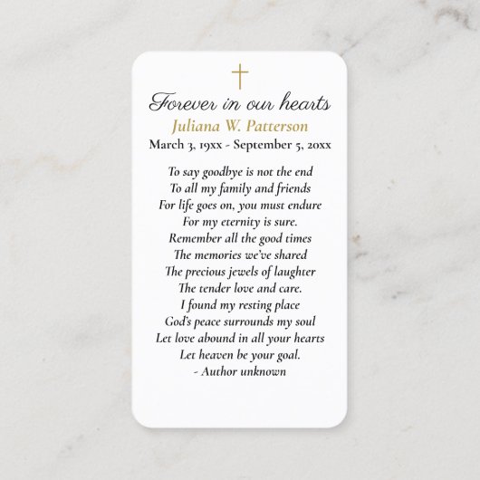 Einfache Foto-Beerdigungskarte Visitenkarte (Rückseite)