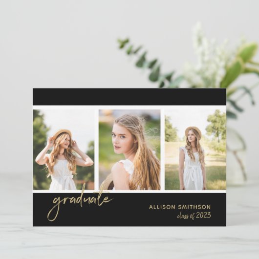 Einfache Foto Black Gold Graduation Party Einladung (Stehend Vorderseite)