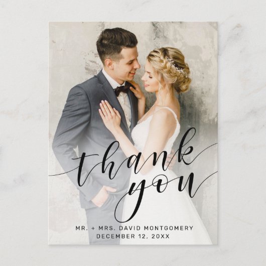 Einfache Foto Black Script Hochzeit Vielen Dank Postkarte (Vorderseite)