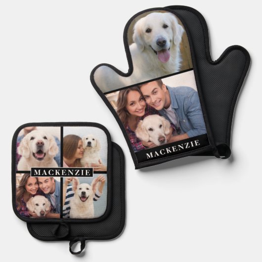 Einfache Foto Collage Mitt 2 Potholder 4 Name Ofenhandschuh & Topflappen-Set (Vorderseite/Rückseite)