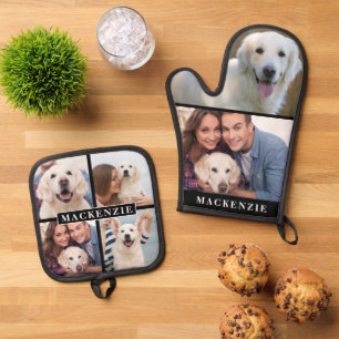 Einfache Foto Collage Mitt 2 Potholder 4 Name Ofenhandschuh & Topflappen-Set