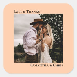 Einfache Foto Coral Peach Liebe & Danke Hochzeit Quadratischer Aufkleber