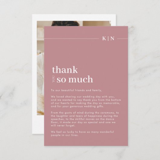 Einfache Foto-Dusty-Pink-Monogramm-Hochzeit Dankeskarte (Vorne/Hinten)