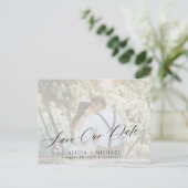 Einfache Foto elegante Skript Hochzeit speichern S Ankündigungspostkarte (Stehend Vorderseite)