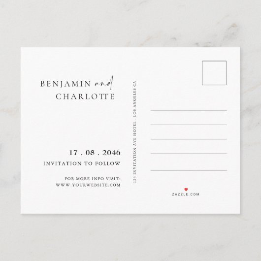 Einfache Foto Hochzeit speichern Sie das Datum Pos Ankündigungspostkarte (Rückseite)