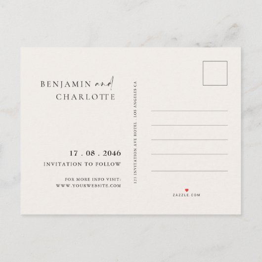 Einfache Foto Hochzeit speichern Sie das Datum Pos Ankündigungspostkarte (Rückseite)