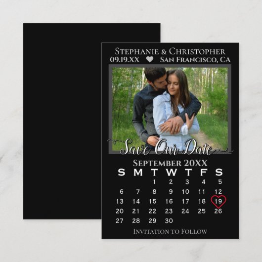 Einfache Foto Kalender Schwarze Hochzeit Rettete U Karte (Vorne/Hinten)