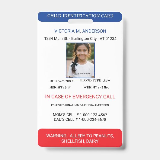 Einfache Foto-Notfall-Kinder-ID Ausweis (Vorderseite)
