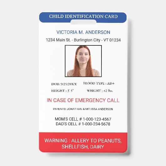 Einfache Foto-Notfall-Kinder-ID Ausweis (Vorderseite)