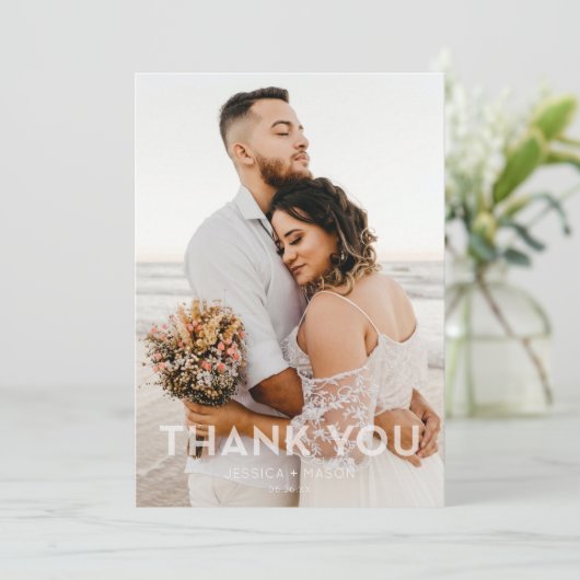 Einfache Foto-Overlay-Hochzeit Dankeschön-Karte Dankeskarte (Stehend Vorderseite)