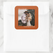 Einfache Foto Rost Orange Liebe & Dank Hochzeit Quadratischer Aufkleber (Tasche)