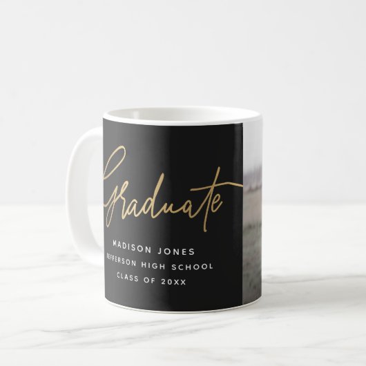 Einfache Foto Script Black und Gold Abschluss Kaffeetasse (Vorderseite Links)