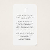 Einfache Foto-Trauerkarte mit Kreuz und Gebet (Rückseite)
