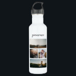 Einfache FotoCollage Modern Edelstahlflasche<br><div class="desc">Moderne Wasserflasche mit einem einfachen und minimalen Schwarz-Weiß-Design mit einer Foto-Collage von vier Ihrer Lieblingsfotos zusammen mit Ihrem Namen in einem eleganten Drehbuch.</div>