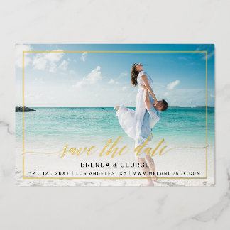 Einfache Frame-Kalligrafie 2 Fotos Save the Date Folieneinladung