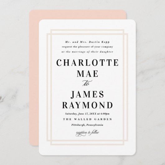 Einfache Frame Peach Classic Wedding Einladung (Vorne/Hinten)