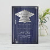 Einfache Frame Silver Graduation Cap, Blue Abschlu Einladung (Stehend Vorderseite)