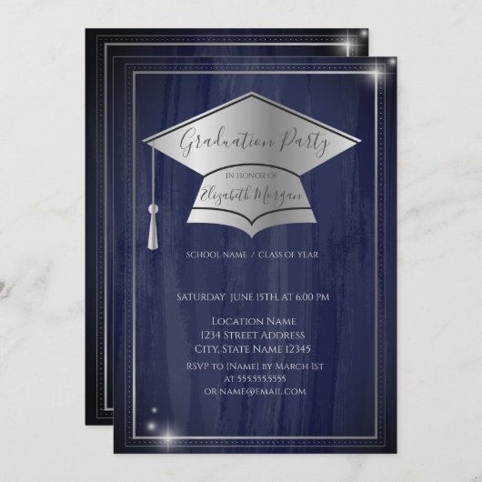 Einfache Frame Silver Graduation Cap, Blue Abschlu Einladung (Vorne/Hinten)