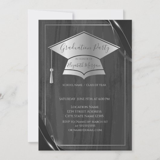 Einfache Frame Silver Graduation Cap, Grauer Absch Einladung (Vorderseite)