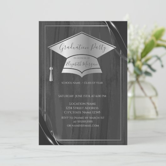 Einfache Frame Silver Graduation Cap, Grauer Absch Einladung (Stehend Vorderseite)