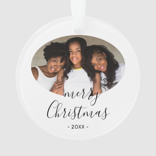 Einfache Frohe Weihnachts-Script-Foto Ornament (Rückseite)