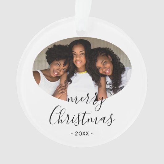 Einfache Frohe Weihnachts-Script-Foto Ornament (Vorderseite)
