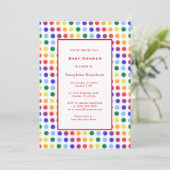 Einfache Fun Rainbow Polka Dot Border Baby Dusche Einladung (Stehend Vorderseite)