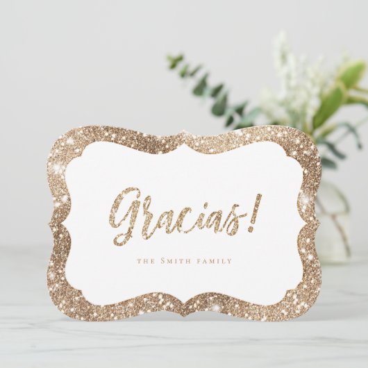 Einfache funkelnde Gold Glitzer gracias Dankeschön Einladung (Stehend Vorderseite)