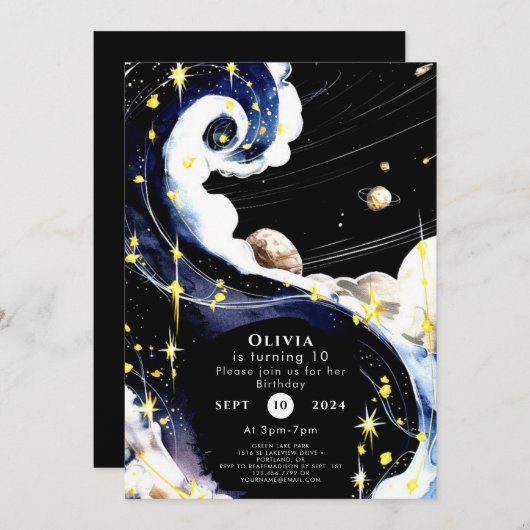 Einfache Galaxie Space Geburtstag Einladung (Vorne/Hinten)