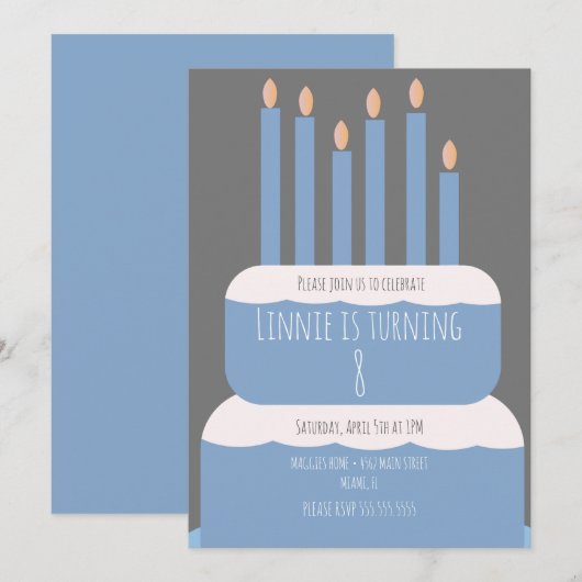 Einfache Geburtstagstorte mit Party Candles Blue Einladung (Vorne/Hinten)