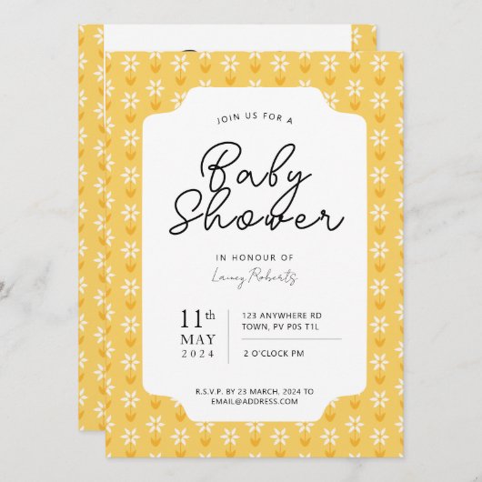 Einfache Gelbe Retro Daisy Blumenblock Print Einladung (Vorne/Hinten)