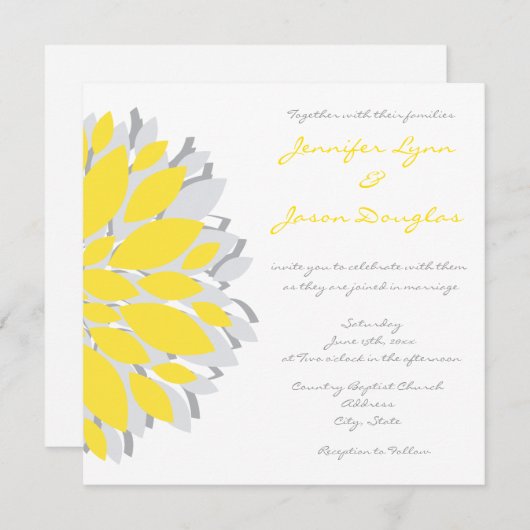 Einfache Gelbe und Graue Blume Hochzeitsfeiern Einladung (Vorne/Hinten)