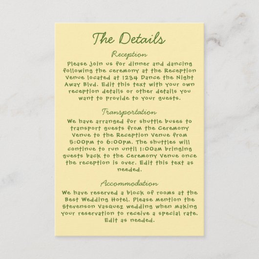 Einfache, gelbe und grüne handgeschriebene Hochzei Begleitkarte (Vorderseite)