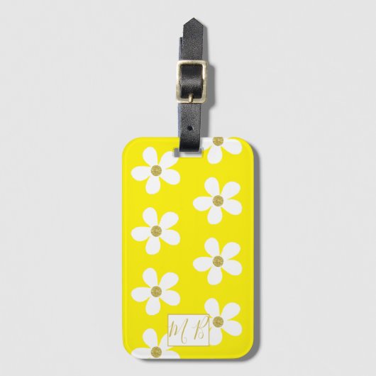 Einfache gelbe weiße Daisy Gold Monogram Travel Gepäckanhänger (Vorderseite Vertikal)