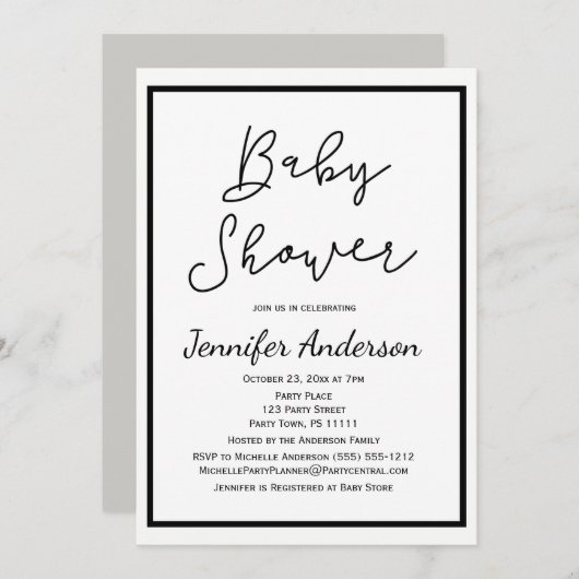 Einfache Gender-neutrale Schwarz-weiße Babydusche Einladung (Vorne/Hinten)