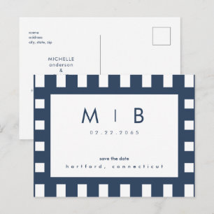Einfache Geometrie der Save the Date Navy Monogram Ankündigungspostkarte