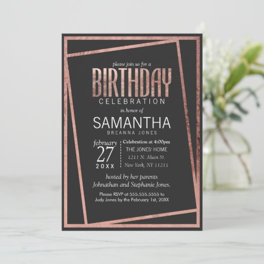 Einfache getilgte Rose Gold Border Black Chic Gebu Einladung (Stehend Vorderseite)