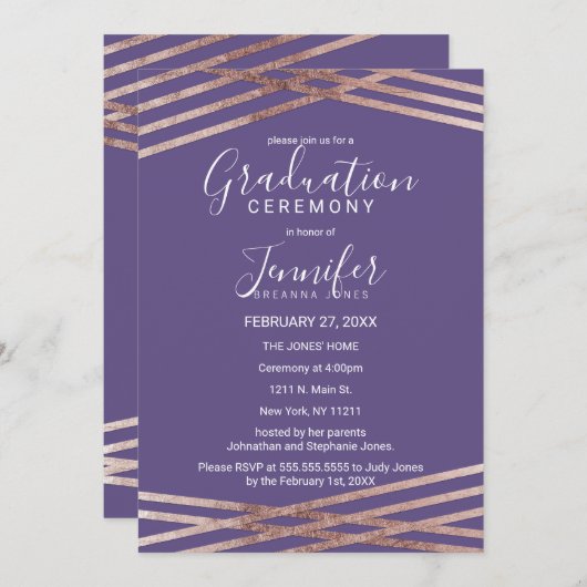 Einfache gezeichnete Rosen-Goldviolette Einladung (Vorne/Hinten)