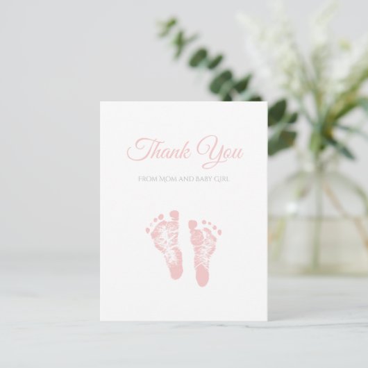Einfache Girl Baby Dusche Danke Pink Footprints Postkarte (Stehend Vorderseite)