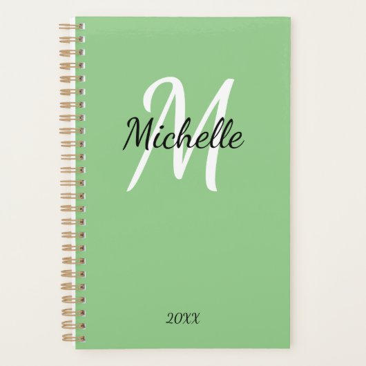 Einfache Girly Green Monogram Name + Initial Planer (Vorderseite)