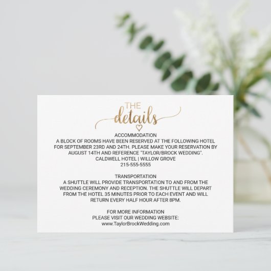Einfache Gold Calligraphy Wedding Details Card Begleitkarte (Stehend Vorderseite)