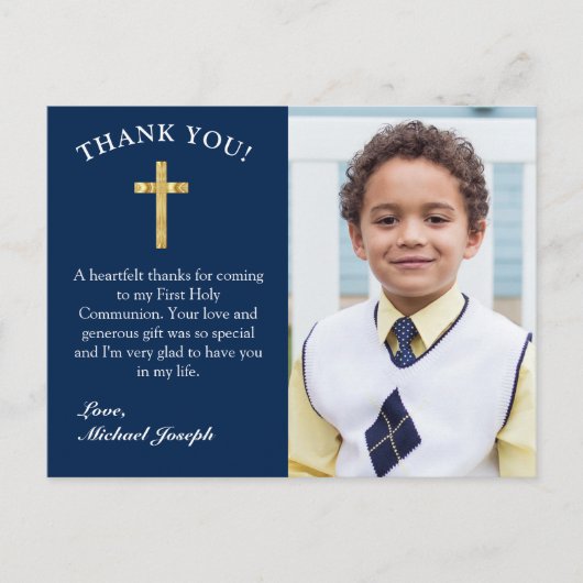 Einfache Gold Cross Dunkelblau 1. Kommunion Dank Postkarte (Vorderseite)