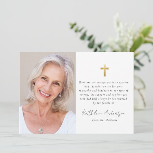Einfache Gold Cross Foto Beileid Beerdigung Dankeskarte (Stehend Vorderseite)