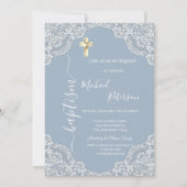 Einfache Gold Cross-Lace Taufe Dusty Blue Einladung (Vorderseite)