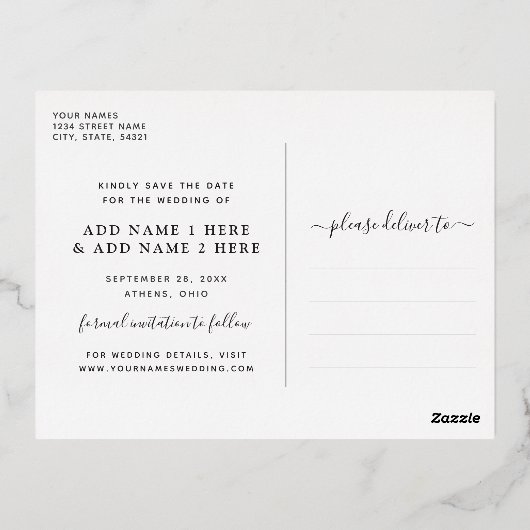 Einfache Gold Foil Skriptüberlagerung Save the Dat Folie Einladungspostkarte (Rückseite)