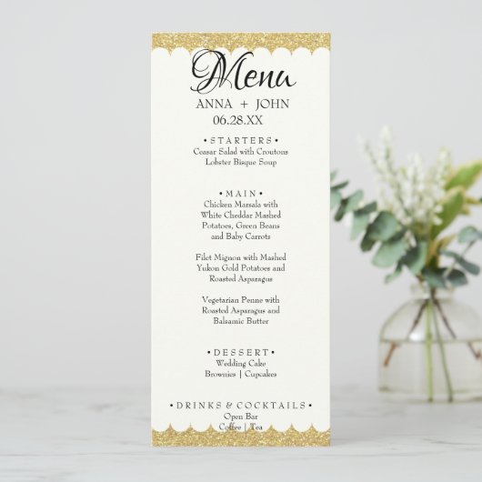 Einfache Gold Glitzer Name Datum Hochzeitsessen hi Menükarte (Stehend Vorderseite)