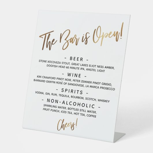 Einfache Gold Handschrift Open Bar Menu-Anmeldung Sockelschild (Vorderseite)