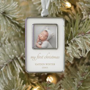 Einfache Gold Minimalistisch Foto Baby's First Rahmen-Ornament Silber