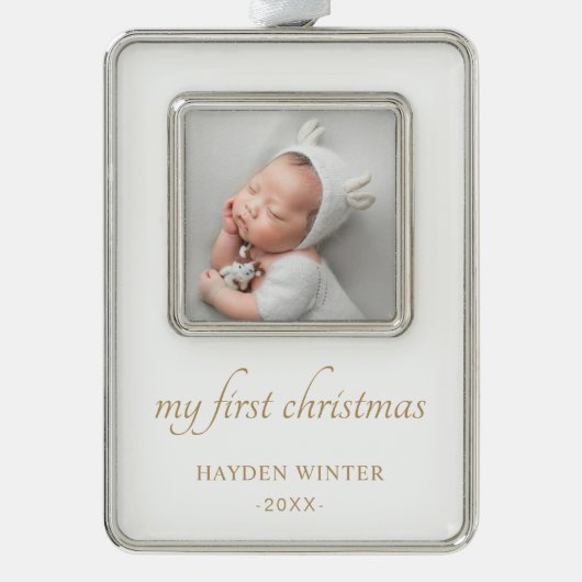 Einfache Gold Minimalistisch Foto Baby's First Rahmen-Ornament Silber (Vorderseite)